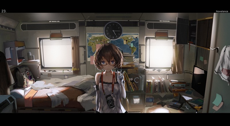 anime, anime girls, glasses, bedroom, brunette, blue eyes, novelance