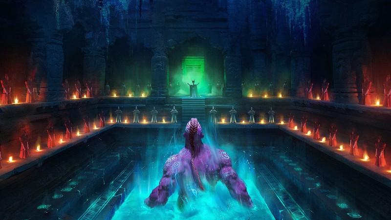 fantasy art, artwork, temple, lights, dark fantasy, creature