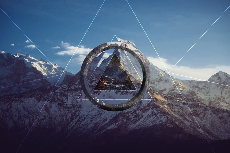 polyscape, mountain pass, digital art, circle, triangle, mountains, sky