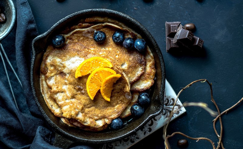 food, pancakes, fruit, blueberries, chocolate