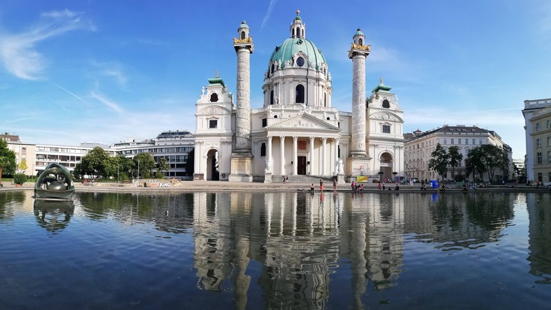 Vienna, church, cathedral, water, reflection, Austria, clear sky