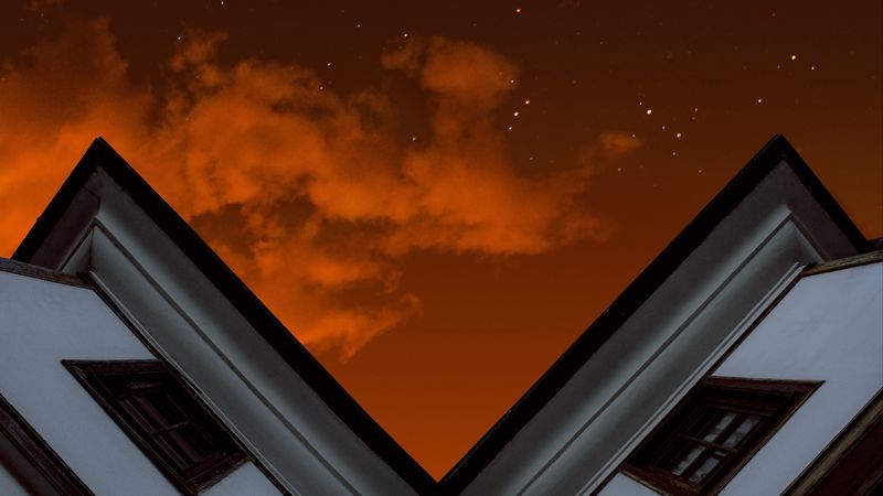 roof, sky, clouds, night, bottom view, 4k