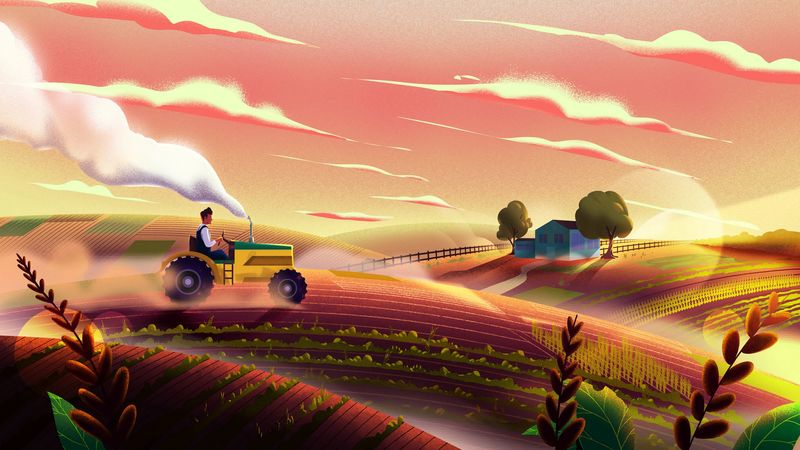 tractor, field, art, agriculture, 4k