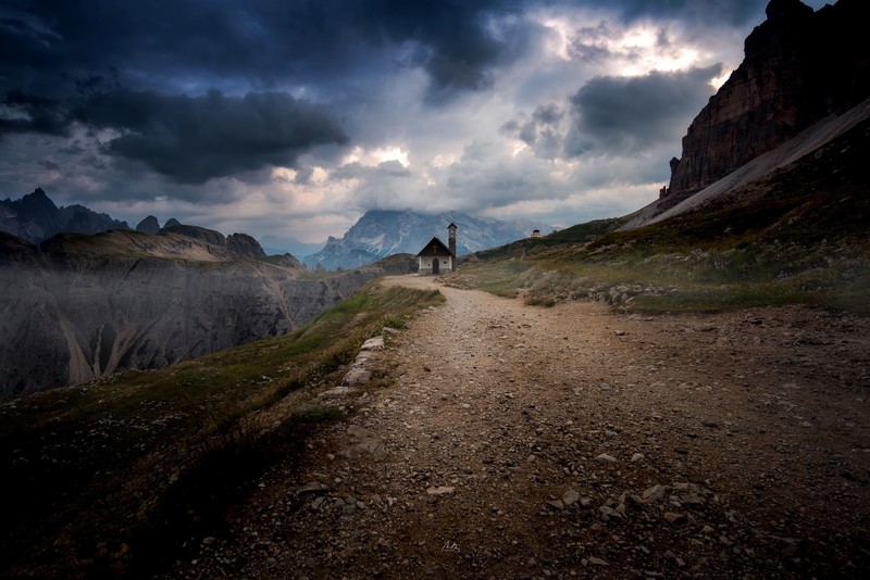 dark, nature, landscape, chapel, clouds, mountains