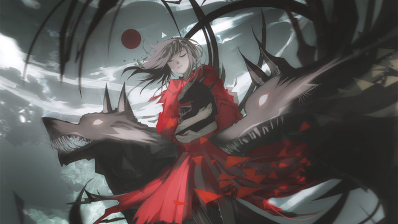anime girls, red moon, wolf