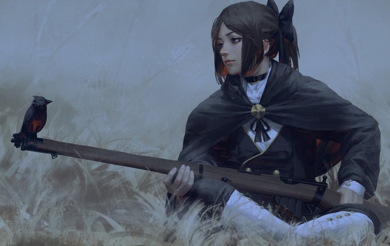 anime, weapon, artwork, drawing, fan art, illustration, rifles, painting, Z.W. Gu, fantasy art, women, digital art, birds, animals, fantasy girl, GUWEIZ