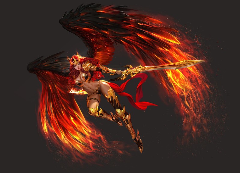 Daeho Cha, cleavage, wings, bikini armor, heels, sword, thigh-highs