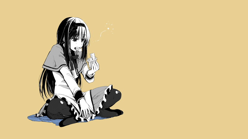 manga, anime girls, simple background, minimalism, beige background, anime girls eating, Mahou Shoujo Madoka Magica, Akemi Homura, anime, beige