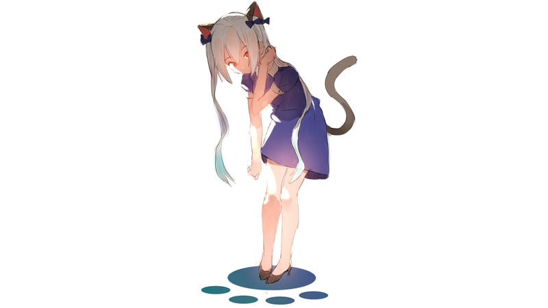 anime, manga, anime girls, simple background, minimalism, white background, nekomimi, gray hair, neko ears