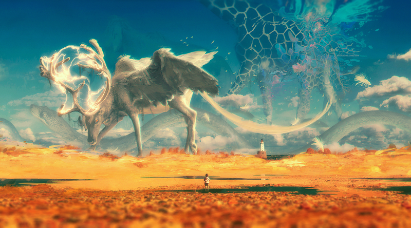 fantasy art, snake, giraffes, light house, creature, stags, lightning, mountains, sea, horns, children, moose
