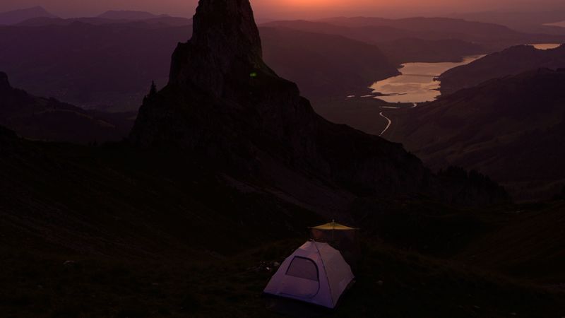 mountains, sunset, tent, camping, nature, 4k