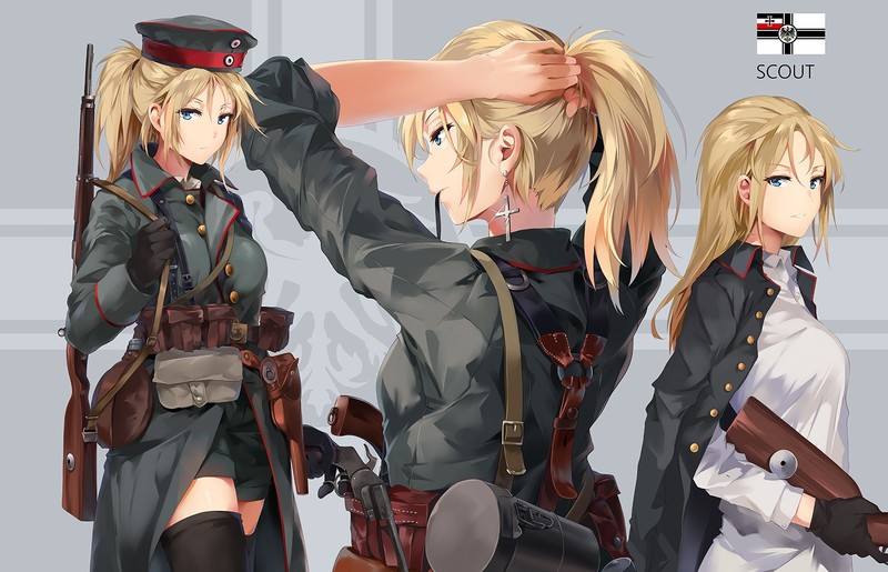 blonde, anime, weapon, ponytail, military