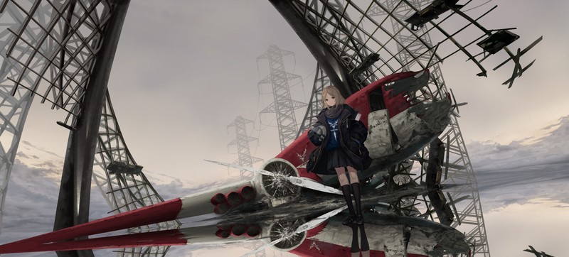 anime, anime girls, original characters, sky, clouds, water, reflection, destruction, airplane, short hair, brunette, brown eyes, jacket, helmet, skirt, hands in pockets, stockings, black stockings, shoes