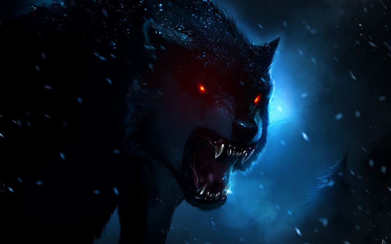 digital art, wolf, animals, fangs, dark, red eyes, blue, snowing