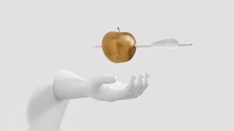 apple, arrow, hand, sculpture, minimalism, 4k