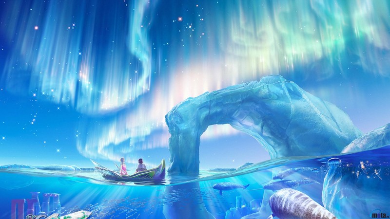 artwork, cyan, aurorae, boat, ice, iceberg