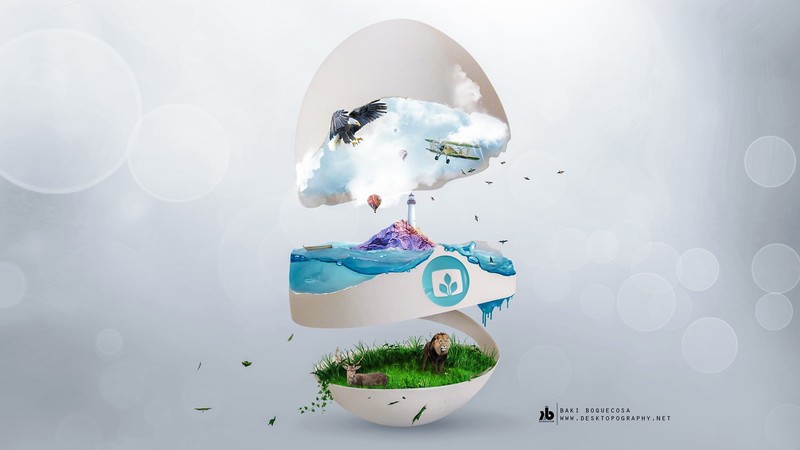 Desktopography, eagle, lion, airplane, eggshell, Photoshop, digital, water, nature, clouds, boat, lighthouse, minimalism