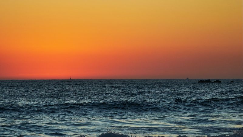 sunset, horizon, sea, waves, wavy, 4k