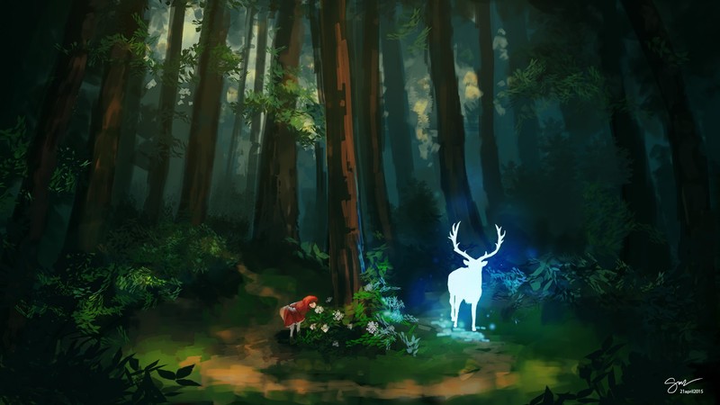 illustration, forest, deer, Little Red Riding Hood, drawing, fan art