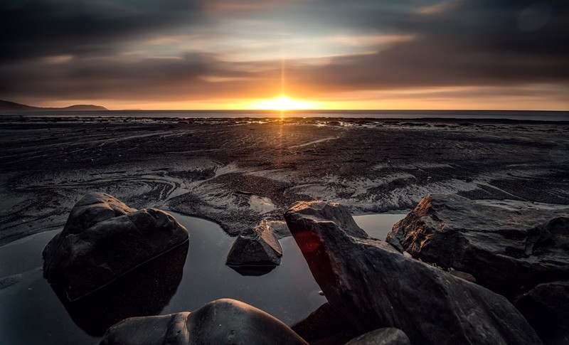 landscape, sunset, sea, beach, rocks, sky, nature