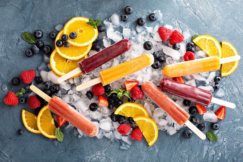 popsicle, food, orange (fruit), ice cubes, blackberries, strawberries, raspberries