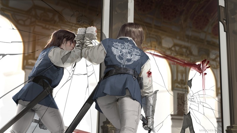 mirror, palace, blood, reflection, sword, gauntlets, fantasy art, women, cracked