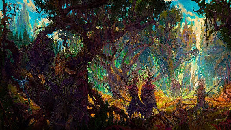 colorful, forest, fantasy art, overgrown, creature, staff, druids