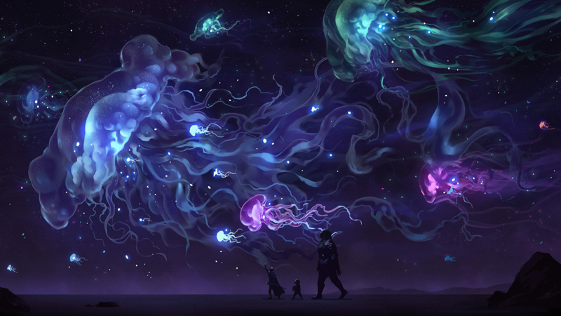jellyfish, fantasy art, adventurers, colorful, stars, nature, yellow, digital art, dark