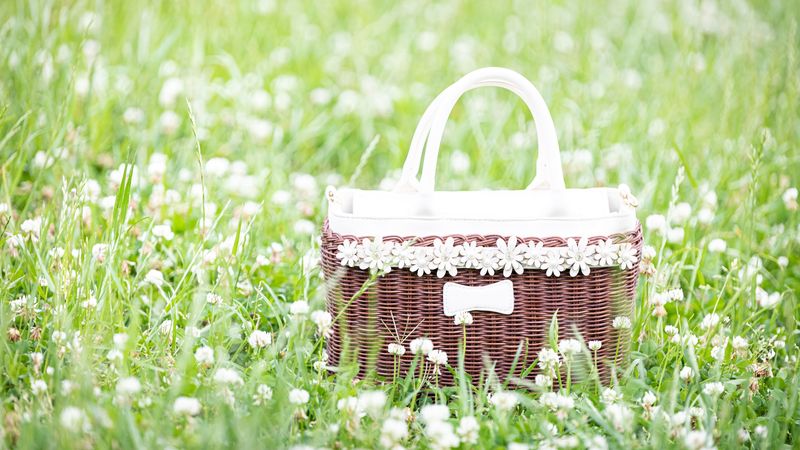 basket, flowers, grass, field, meadow, 4k