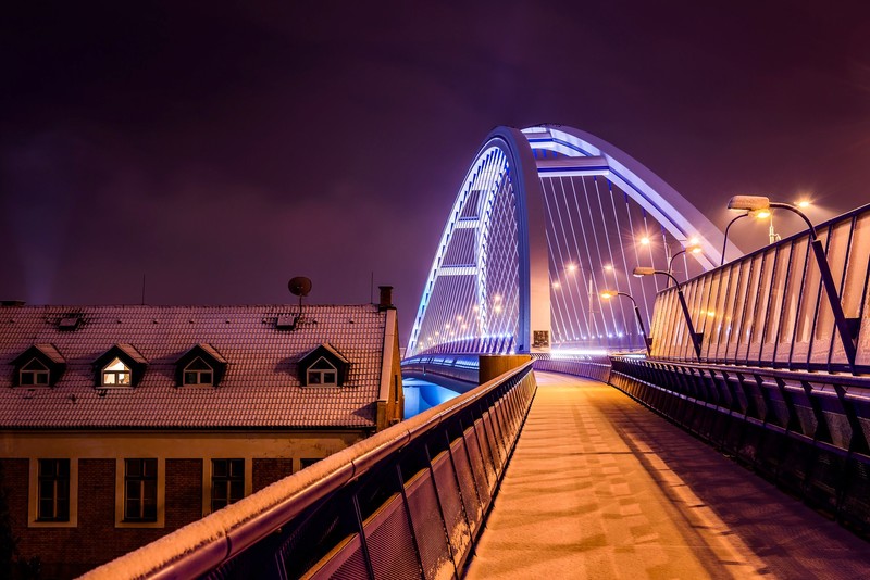 architecture, bridge, Bratislava, Slovakia, night, winter, snow, street light, house, Julo Kotus, lights