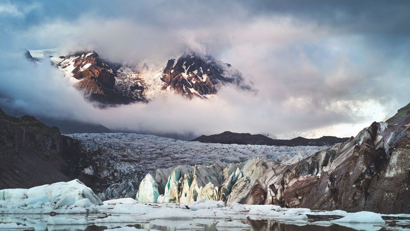 glacier, mountains, clouds, ice, landscape, iceland, 4k