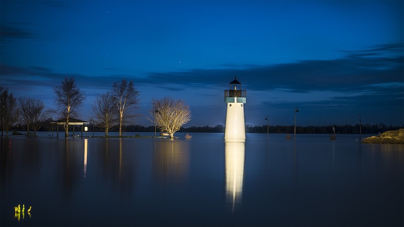nature, landscape, long exposure, night, trees, lighthouse, lake, clouds, lights, reflection, metropolis, Illinois, USA, flood, blue