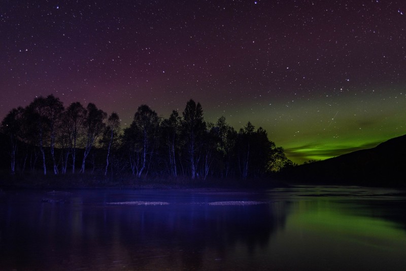 nature, landscape, long exposure, night, trees, aurorae, stars, forest, reflection, lake, Norway