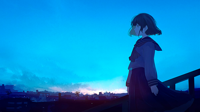 anime, manga, anime girls, sky, blue, clouds, schoolgirl, sailor uniform, looking into the distance, cyan