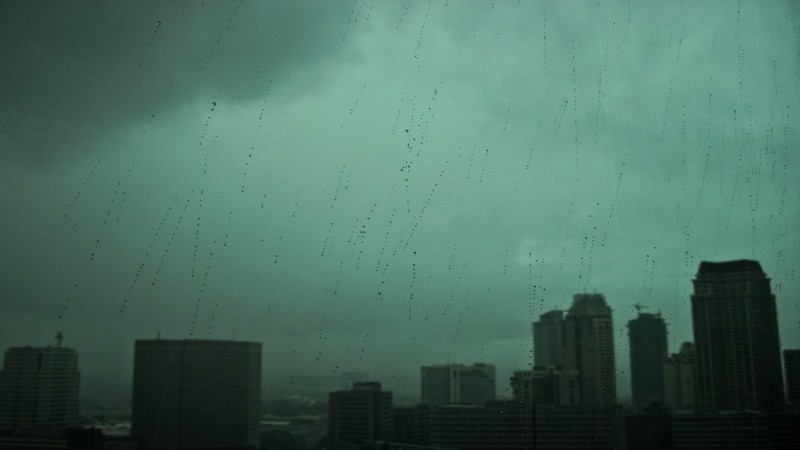 cityscape, rain, clouds, water drops, green