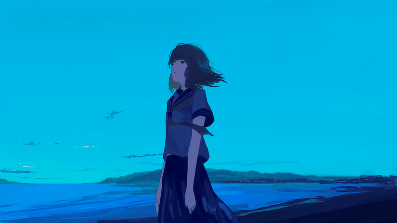 anime, manga, anime girls, sky, blue, clouds, schoolgirl, sailor uniform, sea, cyan