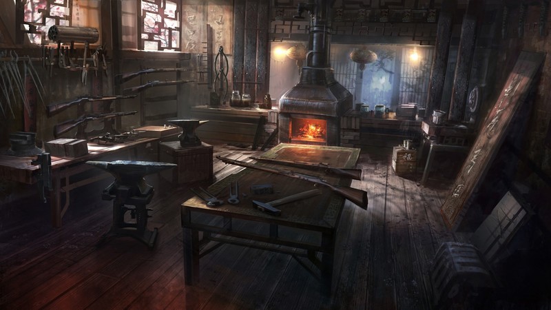 drawing, oriental, rifles, blacksmith