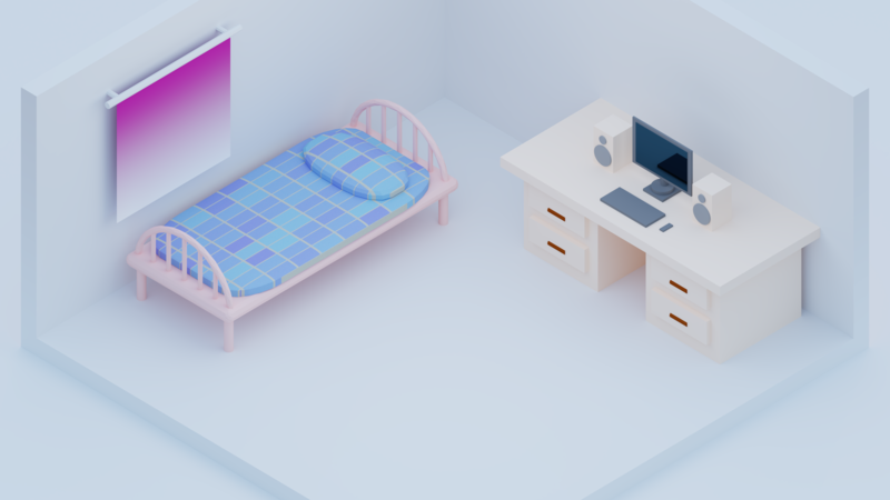 isometric, minimalism, Blender, colorful, room, 3D, computer, bed