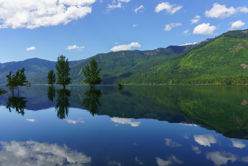 landscape, water, reflection, trees, clouds