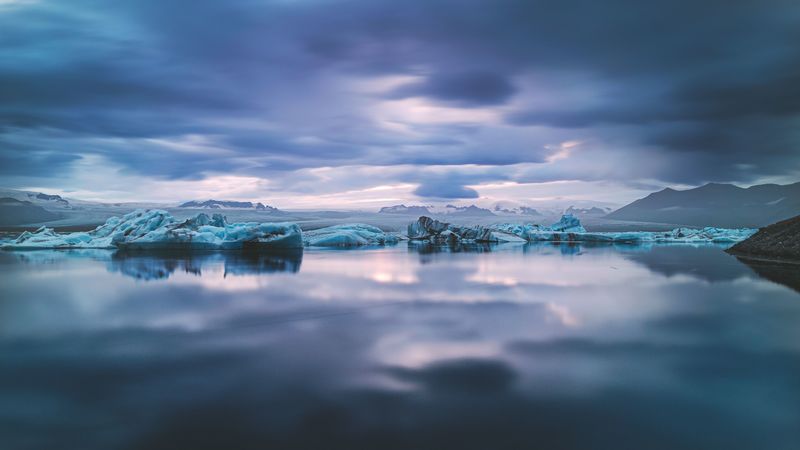 lake, ice, water, clouds, landscape, 4k