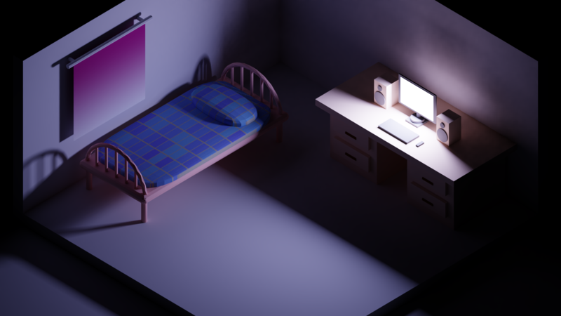 isometric, minimalism, Blender, colorful, room, 3D, computer, bed