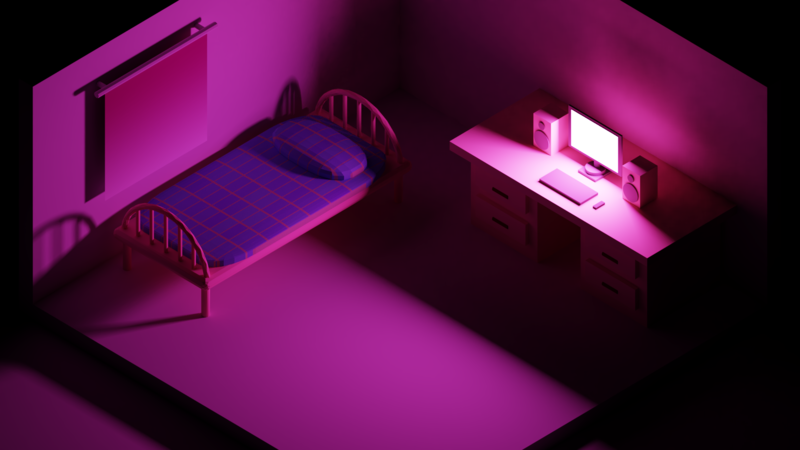 isometric, minimalism, Blender, colorful, room, 3D, computer, bed, purple