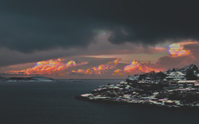 vaporwave, landscape, snow, island, sea, horizon, winter