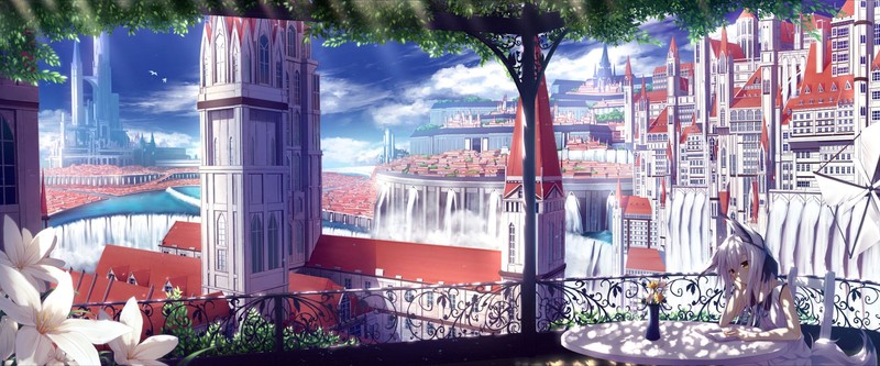 anime, anime girls, city, water, waterfall, sitting, flowers, plants, fence, table, books, reading, arm support, long hair, white hair, animal ears, brown eyes, animal tail, kites, clouds