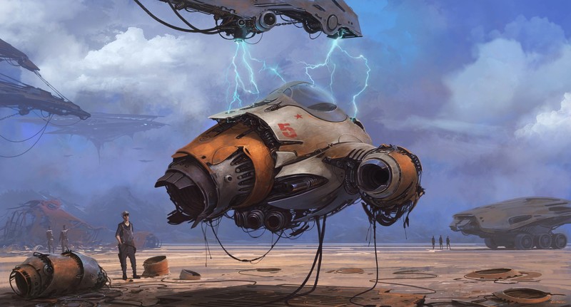 digital art, fantasy art, Alejandro Burdisio, men, nature, spaceship, futuristic, lightning, clouds, planet, wires, wreck, drawing