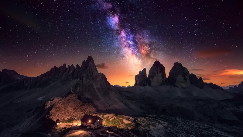 photography, night, long exposure, nature, landscape, Milky Way, Dolomites (mountains), stars, lights, snow, sunset, building