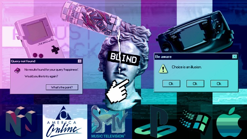 vaporwave, 1990s, classical art, GameBoy, Game Gear, Microsoft, Windows 95, Windows 98, PlayStation, Apple Inc., Nintendo, cyan, purple