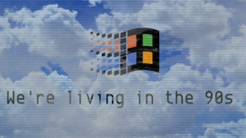 vaporwave, 1990s, Microsoft, Windows 95, Windows 98, clouds, humor, typography, blue