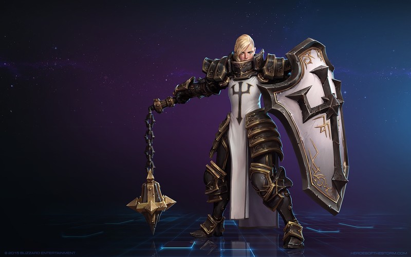 Diablo 3: Reaper of Souls, Mr Jack (Luke Mancini), women, armor, mace, shield, blonde, purple background, Crusader (Diablo), heroes of the storm