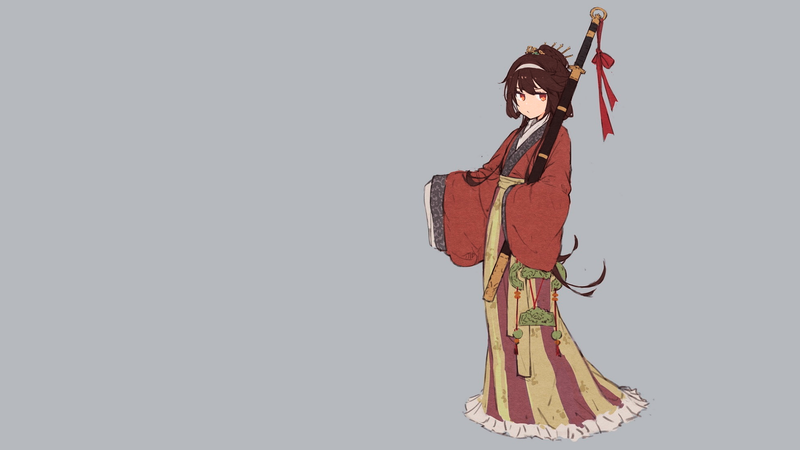 anime, manga, anime girls, simple background, minimalism, kimono, yukata, gray, sword, katana